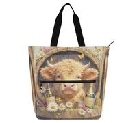 Amooorous Borsa tote decorativa per bambini studenti adulti carino cartone animato mucca scozzese borsa a tracolla leggera con cerniera per scuola, shopping, viaggi