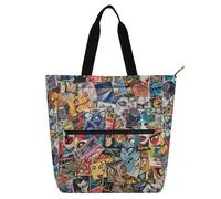 Amooorous Borsa tote decorativa per bambini, studenti, adulti, con collage colorato in stile cartone animato, leggera, con tasche con cerniera, per scuola e tempo di gioco, arcobaleno