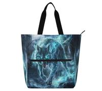 Amooorous Borsa tote decorativa per bambini, studenti, adulti, lupo di fiamma blu, borsa tote leggera riutilizzabile con cerniera per shopping, spiaggia, arcobaleno, bolsa dela