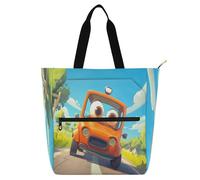 Amooorous Borsa tote decorativa per bambini, studenti, adulti, motivo cartone animato, grandi occhi, auto, robusta, biblioteca, libro, borsa tote con tasche per scuola, shopping,