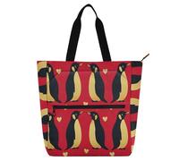 Amooorous Borsa tote decorativa per bambini, studenti, adulti, pinguino, oro, rosso, San Valentino, robusta, per biblioteca, libri, shopping, con manici con cerniera, per scuola e tempo di gioco