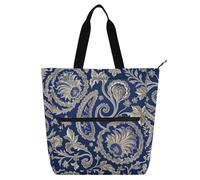 Amooorous Borsa tote decorativa per libri per ragazzi ragazze donne, alla moda oro floreale blu borsa tote impermeabile riutilizzabile borsa della spesa con cerniera per la scuola shopping viaggi