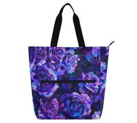 Amooorous Borsa tote decorativa per ragazzi e ragazze, adulti, rose astratte viola e blu in stile cubismo, pittura dettagliata con sfondo scuro che mostra un motivo floreale in