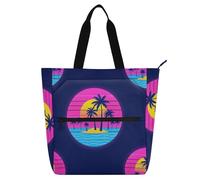 Amooorous Borsa tote decorativa per ragazzi e ragazze - Borsa tote estiva al neon palme da cocco, tramonto spiaggia resistente all'acqua con manici con cerniera per lo shopping, la spiaggia