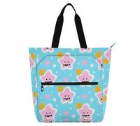 Amooorous Borsa tote decorativa per ragazzi e ragazze, motivo cartone animato, stelle blu, grande borsa tote per biblioteca, borsa tote con tasche per scuola, shopping, scuola