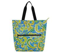 Amooorous Borse da viaggio decorative per bambini, ragazzi e ragazze, stile bohémien, retrò, alla moda, floreale, cashmere, giallo, blu, grande borsa della spesa riutilizzabile con chiusura lampo per