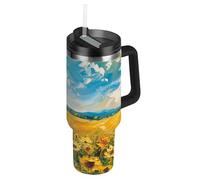 Amooorous Bottiglia d'acqua con coperchio e cannuccia decorativa per acqua, tè freddo o caffè, 1,18 l, motivo: campo di girasole sotto luce solare intensa