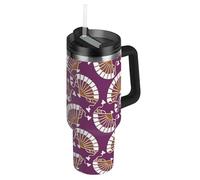 Amooorous Bottiglia d'acqua in metallo riutilizzabile con ventaglio pieghevole giapponese viola oro con coperchio con cannuccia tazza decorativa da campeggio per casa, ufficio o auto baso para 1,18 l