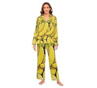Amooorous Carino Cartoon Frutta Banana Satin Pigiama Set per le Donne Leggero e Confortevole Pigiama Donna Set Casual Ladies Sleepwear M juego de Pantalon y Blusa de Hilo para Mujer Manica Lunga
