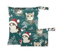 Amooorous Cartone animato carino Merry Christmas Cat impermeabile grande borsa bagnata 2 Pack elementi essenziali da viaggio per bambino con manici per asilo nido, viaggio