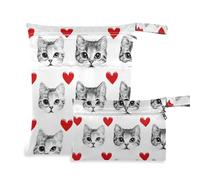 Amooorous Cartone animato carino San Valentino gatto nero amore borsa impermeabile con cerniera confezione da 2 pezzi essenziali da viaggio per bambini con maniglie per asilo nido, pannolini per