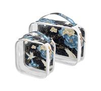Amooorous Confezione da 2 Blu e Bianco Gru Vintage Floreale Trasparente Decorativa Piccola Borsa da toilette TSA Approvata Trasparente Borsa per pennelli da trucco Uomini Kit per la rasatura, Blu e