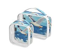 Amooorous Confezione da 2 borse cosmetiche multifunzionali approvate TSA da donna con gabbiano bianco che volano sopra il mare trasparente decorativo borsa da viaggio per borsa Aeroporto Compagnia