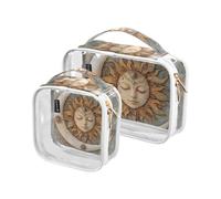 Amooorous Confezione da 2 borse da toilette da appendere in stile bohémien vintage con luna e sole, trasparenti, approvate dalla TSA, multifunzionali, con cerniera, Boho Vintage luna e sole marrone, 1