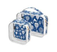 Amooorous Confezione da 2 borse da toilette decorative grandi per donna con mongolfiera pop blu navy trasparente trasparente borsa da viaggio per trucco riutilizzabile approvata TSA borsa da viaggio