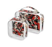Amooorous Confezione da 2 borse da toilette decorative rosse mimetiche trasparenti piccole borse cosmetiche impermeabili approvate TSA per donne set da viaggio essenziale de maquillaje, rosso