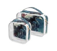 Amooorous Confezione da 2 borse da toilette decorative trasparenti con uccelli notturni insanguinate per donne in viaggio approvate TSA borse da viaggio portatili per il trucco aeroporto compagnia