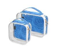 Amooorous Confezione da 2 borse da toilette decorative trasparenti per San Valentino blu con rose romantiche per le donne TSA approvato impermeabile borsa da viaggio viaggio essenziale maquillaje
