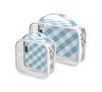 Amooorous Confezione da 2 borse per il trucco decorative trasparenti in twill blu e bianco per le donne approvate TSA impermeabile piccola borsa cosmetica da barba essenziale maquillaje para, twill