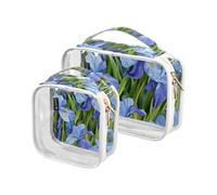 Amooorous Confezione da 2 Bruxelles Iris Pseudacorus Beauty Floreale Blu Trasparente Borsa da toilette decorativa per le donne Approvato TSA trasparente Borsa per il trucco da uomo Kit per la rasatura