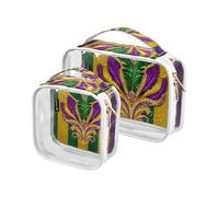 Amooorous Confezione da 2 Carnevale Mardi Gras Giallo Viola Maschera trasparente decorativo borsa da toilette set TSA approvato borsa trucco portatile organizzatore Kit da barba da uomo de maquillaje