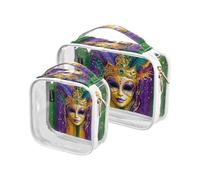 Amooorous Confezione da 2 Carnevale Mardi Gras Giallo Viola Maschera trasparente decorativo borsa da toilette uomo TSA approvato multifunzionale trucco organizzatore borsa rasatura essenziale Bolsa de