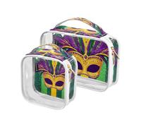 Amooorous Confezione da 2 Carnival Mardi Gras Giallo Viola Maschera Trasparente Borsa da toilette da viaggio decorativa TSA Approvata Multifunzione Trousse Trucco Piccolo Viaggio essenziale, Carnevale