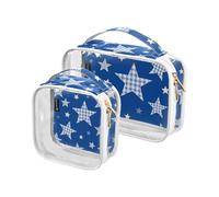 Amooorous Confezione da 2 cartoni animati blu a scacchi scozzesi stelle trasparenti kit da toilette da viaggio decorativo TSA approvato borse cosmetiche riutilizzabili grandi per le donne Kit da barba