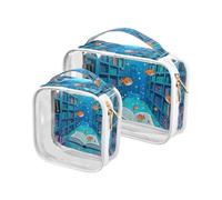 Amooorous Confezione da 2 divertenti Ocean Library Book Fish Blue chiaro decorativo borsa da toilette grande TSA approvato borsa portatile cosmetica da viaggio aeroporto compagnia aerea conforme Bolsa