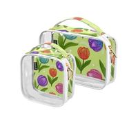 Amooorous Confezione da 2 falso glitter fiore verde fiore trasparente decorativo grandi borse da toilette per le donne TSA approvato riutilizzabile borsa per il trucco piccolo viaggio essenziale Bolsa