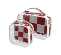 Amooorous Confezione da 2 finti glitter a scacchiera quadrati bianchi rossi trasparenti decorativi piccoli sacchetti da toilette approvati TSA borsa impermeabile viaggio cosmetico rasatura essenziale