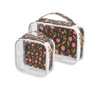 Amooorous Confezione da 2 fiori rosa e foglie verdi illustrazione vettoriale stile piatto trasparente borsa da toilette decorativa da viaggio approvata TSA multifunzionale borsa organizer per trucchi