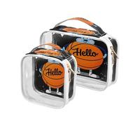 Amooorous Confezione da 2 Hello Cartoon Carino Arancione Pallacanestro chiaro decorativo borsa da toilette per le donne TSA approvato riutilizzabile borsa per il trucco trasparente Kit da barba da