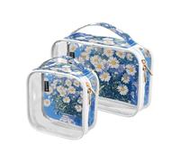 Amooorous Confezione da 2 margherite bianche fiori giallo limone blu chiaro decorativo piccola borsa da toilette TSA approvato trasparente borsa trucco viaggio rasatura essenziale maquillaje,