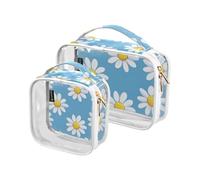 Amooorous Confezione da 2 margherite blu e bianche trasparenti decorative piccole borse da toilette TSA approvate borse cosmetiche impermeabili per le donne set da viaggio essenziale Bolsa de