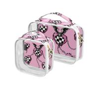 Amooorous Confezione da 2 pezzi gotico rosa nero cuore a scacchi scheletro chiaro decorativo appeso viaggio toilette TSA approvato borsa cosmetica trasparente portatile kit da barba da uomo Bolsa de