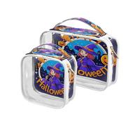 Amooorous Confezione da 2 pezzi Happy Halloween Cartone animato carino strega trasparente decorativo da uomo Toeletta da viaggio approvato TSA impermeabile piccola borsa cosmetica compatibile con