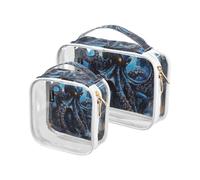 Amooorous Confezione da 2 sacchetti blu glitterati malvagi animali marini mostro trasparente decorativo piccolo beauty case TSA approvato impermeabile pennello trucco borsa rasatura essenziale de