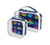 Amooorous Confezione da 2 sacchetti da toilette decorativi per viaggi estivi Neon Boat Coconut Tree trasparenti per viaggiare TSA approvato borsa trasparente per il trucco trasparente aeroporto