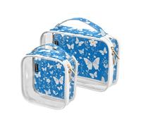 Amooorous Confezione da 2 sacchetti da toilette decorativi trasparenti blu e bianchi farfalla fiori per viaggiare TSA approvato borsa cosmetica da viaggio impermeabile kit da barba da uomo Bolsa de