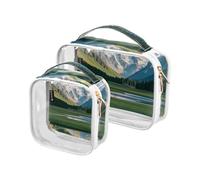 Amooorous Confezione da 2 sacchetti da toilette decorativi trasparenti per donne in viaggio con neve e montagna prato giallo margherite per donne in viaggio approvato TSA piccola borsa cosmetica