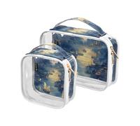 Amooorous - Confezione da 2 sacchetti da viaggio decorativi trasparenti e dorati, colore blu e oro, per cosmetici, borsa da viaggio per aeroporto, borsa per il trucco, paesaggio retrò cinese blu,