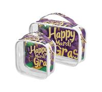 Amooorous Confezione da 2 sacchetti da viaggio decorativi trasparenti per carnevale Mardi Gras Giallo Viola Maschera trasparente da viaggio borse da toilette TSA approvato riutilizzabile borsa