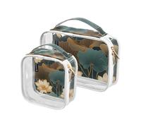 Amooorous Confezione da 2 sacchetti per il trucco decorativi trasparenti con fiori e foglie d'oro verde per le donne TSA Approvato impermeabile borsa per il trucco da viaggio essenziale Bolsa de