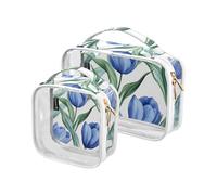 Amooorous Confezione da 2 tulipani blu reale con foglie verdi modello senza cuciture sfondo bianco pittura ad acquerello Style_3 trasparenti decorativi grandi borse da toilette per donne TSA approvato
