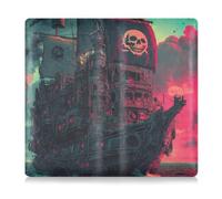 Amooorous Custodia a portafoglio in pelle nera con bandiera pirata con teschio e porta tessera di assicurazione, per carta d'identità, patente di guida, chiavi di contatto, Nave pirata con bandiera