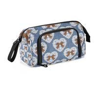 Amooorous Denim Blue-Brown Bow Heart Pencil Pouch Grande Capacità Sacchetto di Immagazzinaggio Leggero per le Donne Forniture Scuole Superiore