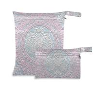 Amooorous Elegante set da 2 borse da bagno con cerniera e motivo floreale, color argento e pesca, con manici per spiaggia, yoga