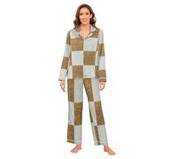 Amooorous Falso Glitter Scacchiera Quadrati Oro Bianco Raso Pigiama Set per le Donne Comfort Gamba Larga Piuma Polsino Pigiama di Seta per Le Donne Set Damigella D'Onore M Pijama de Invierno para