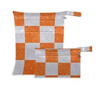 Amooorous Finti glitter a scacchiera quadrati bianchi arancioni riutilizzabili piccole borse asciutte confezione da 2 pezzi essenziali da viaggio per bambini con manici per spiaggia, yoga